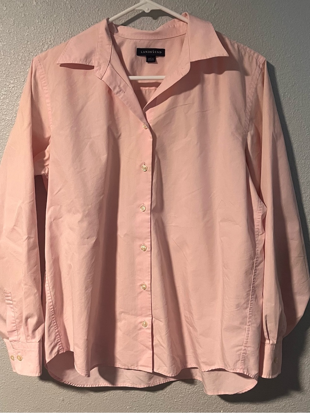 Lands End Pink Long Sleeve Button Up Collared German Cotton Shirt Size 12